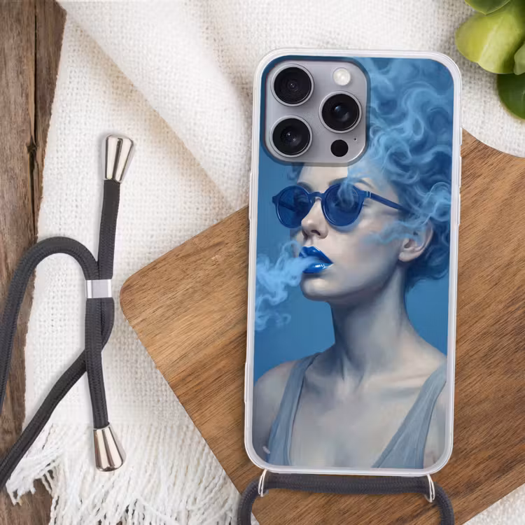 Portret - Zonnebril - Rook - Abstract - Blauw Hoesje iPhone 16 Pro Max met koord klein -sfeer4