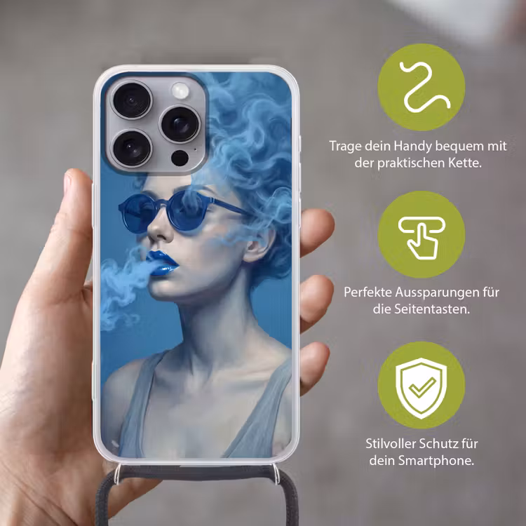 Portret - Zonnebril - Rook - Abstract - Blauw Hoesje iPhone 16 Pro Max met koord klein -sfeer2_DE