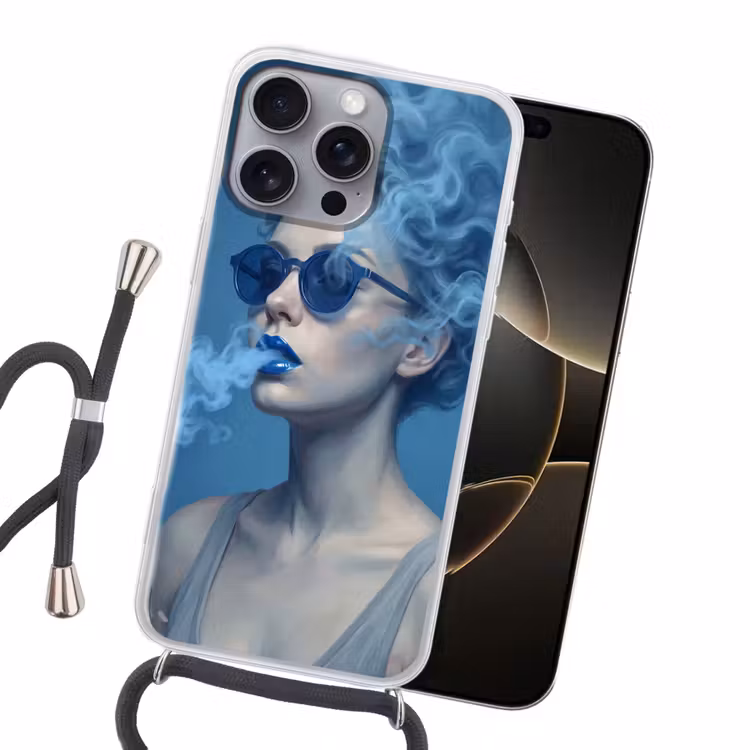 Portret - Zonnebril - Rook - Abstract - Blauw Hoesje iPhone 16 Pro Max met koord klein -sfeer1