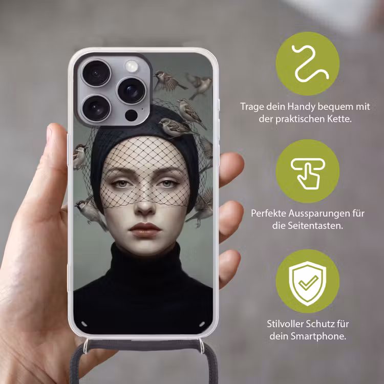 Portret - Vogels - Zwart Hoesje iPhone 16 Pro Max met koord klein -sfeer2_DE