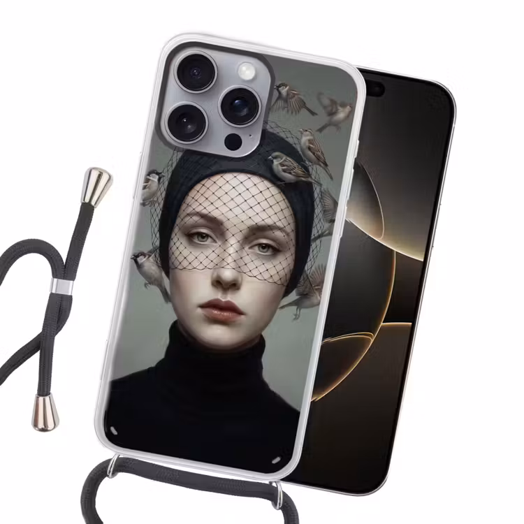 Portret - Vogels - Zwart Hoesje iPhone 16 Pro Max met koord klein -sfeer1
