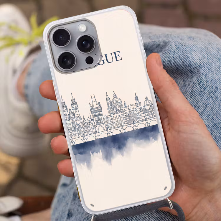 Praag - Skyline - Architectuur - Blauw Hoesje iPhone 16 Pro Max met koord klein -sfeer3