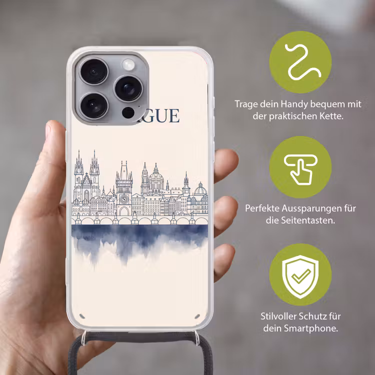 Praag - Skyline - Architectuur - Blauw Hoesje iPhone 16 Pro Max met koord klein -sfeer2_DE