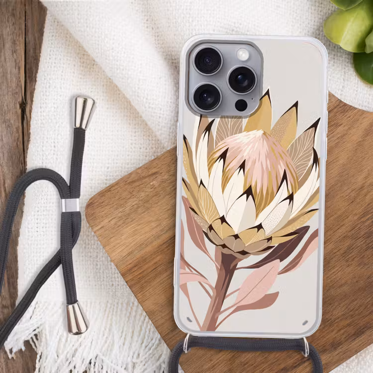 Protea - Bloem - Botanisch - Beige Hoesje iPhone 16 Pro Max met koord klein -sfeer4