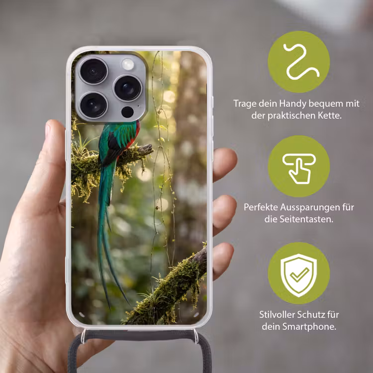 Quetzal - Jungle - Natuur - Groen Hoesje iPhone 16 Pro Max met koord klein -sfeer2_DE