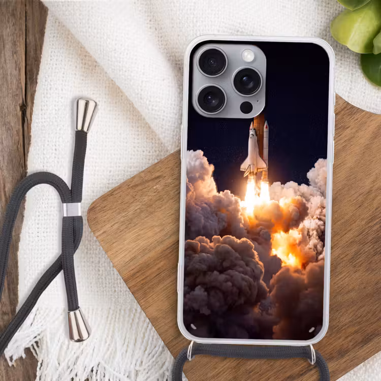 Handyhülle mit Band - Raumfahrzeug – Start – Sterne - Ruimtevaartuig - Lancering - Sterren Hoesje iPhone 16 Pro Max met koord klein