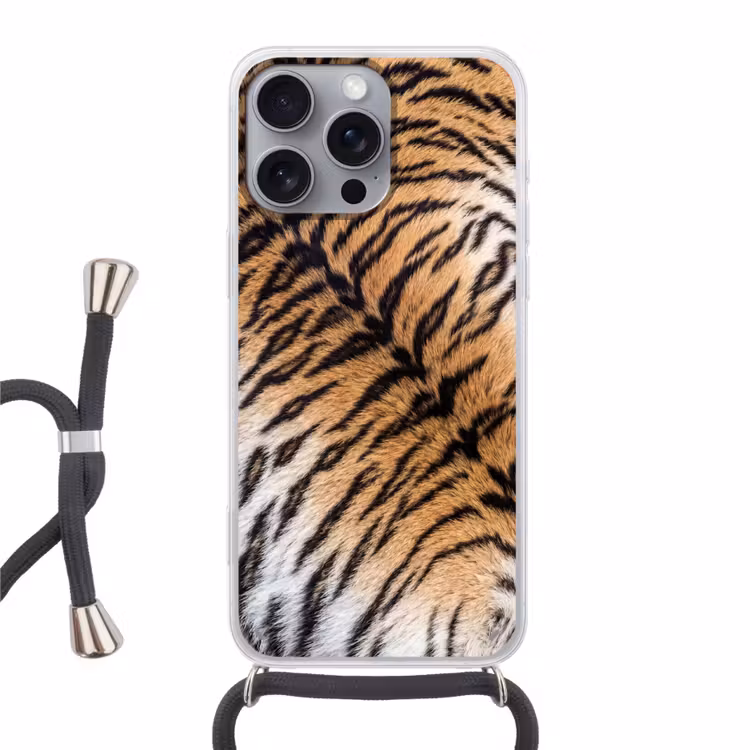 Realistisch - Tijgervacht - Zwart Hoesje iPhone 16 Pro Max met koord klein -3d