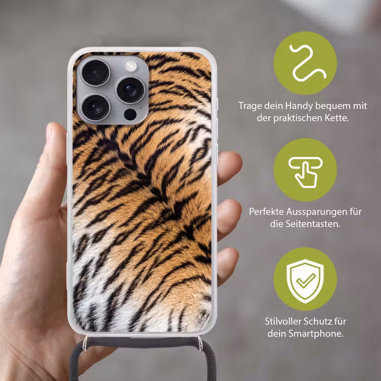 Realistisch - Tijgervacht - Zwart Hoesje iPhone 16 Pro Max met koord klein -sfeer2_DE