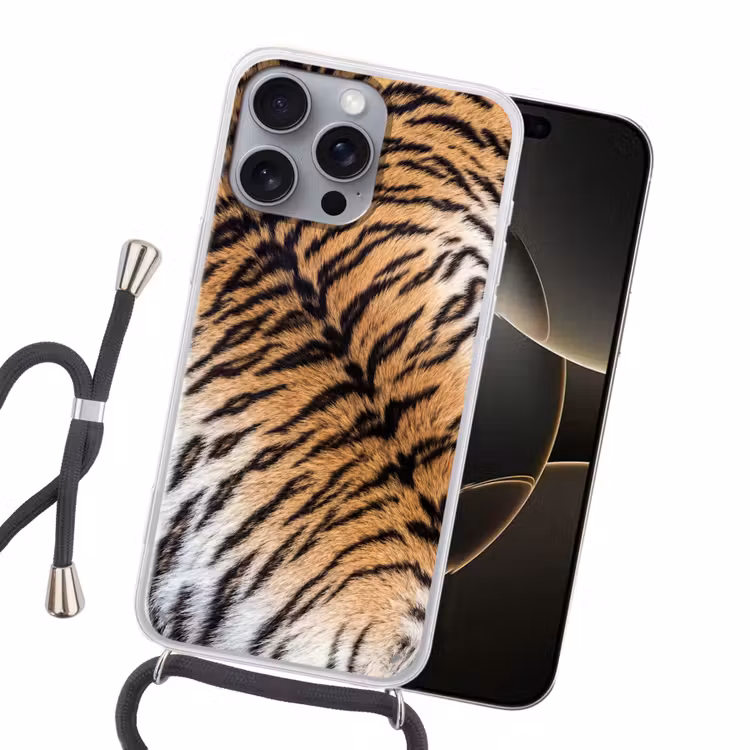 Realistisch - Tijgervacht - Zwart Hoesje iPhone 16 Pro Max met koord klein -sfeer1