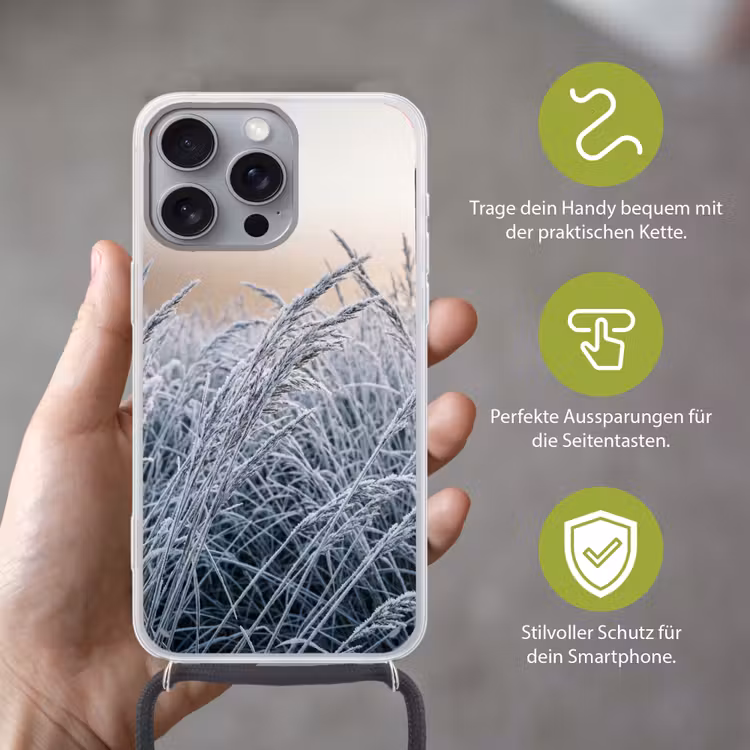Rijp - Gras - Kristallen - Winter - Minimalistisch Hoesje iPhone 16 Pro Max met koord klein -sfeer2_DE