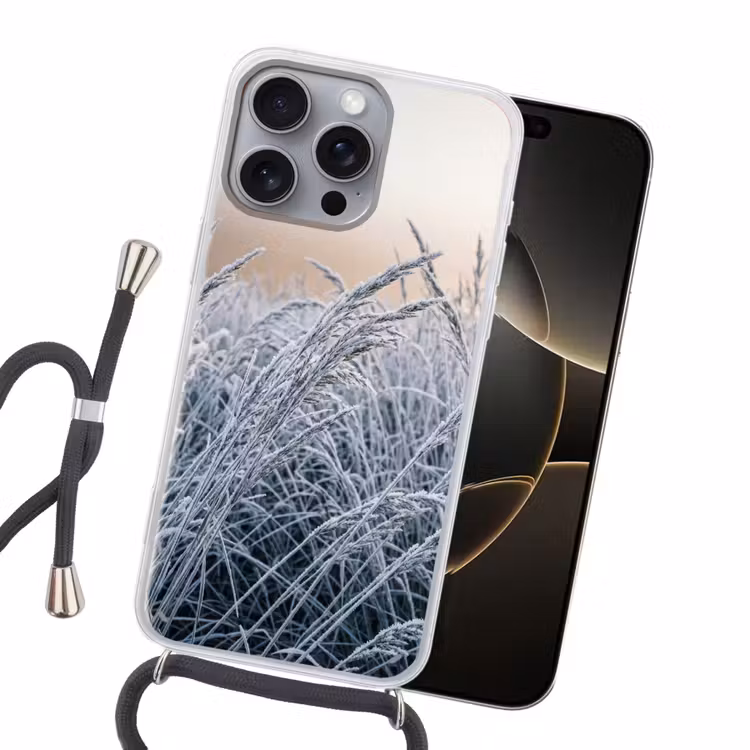 Rijp - Gras - Kristallen - Winter - Minimalistisch Hoesje iPhone 16 Pro Max met koord klein -sfeer1
