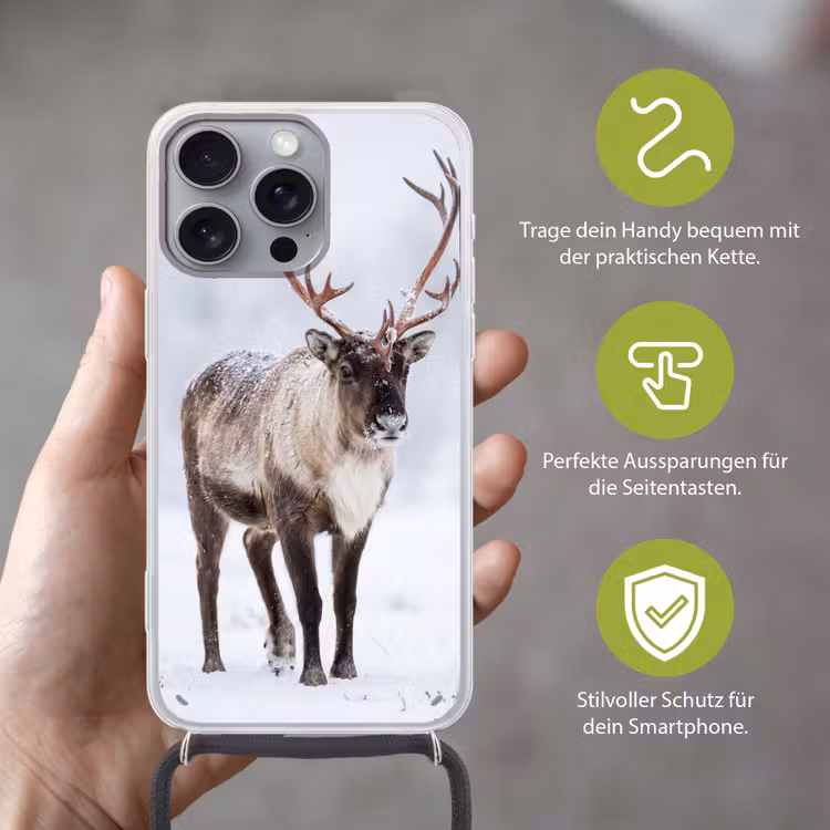 Rendier - Gewei - Toendra - Sneeuw - Wild Hoesje iPhone 16 Pro Max met koord klein -sfeer2_DE