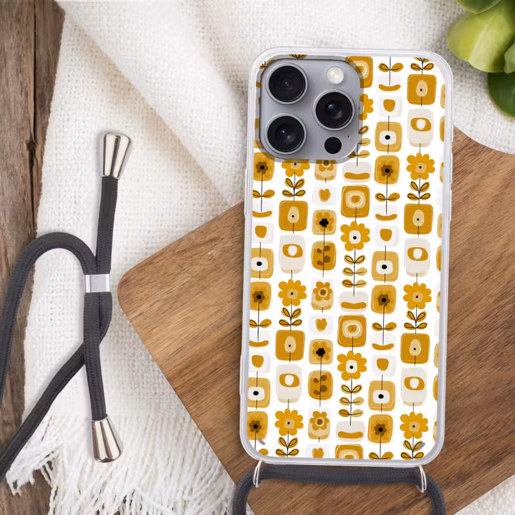 Retro - Abstract - Bloemen - Okergeel Hoesje iPhone 16 Pro Max met koord klein 804 -sfeer4