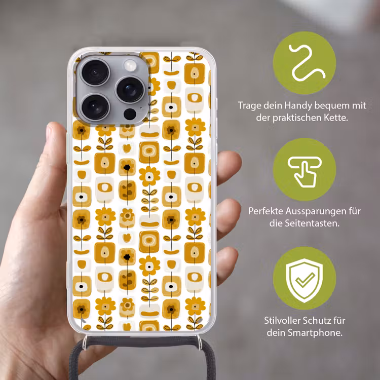 Retro - Abstract - Bloemen - Okergeel Hoesje iPhone 16 Pro Max met koord klein 804 -sfeer2_DE