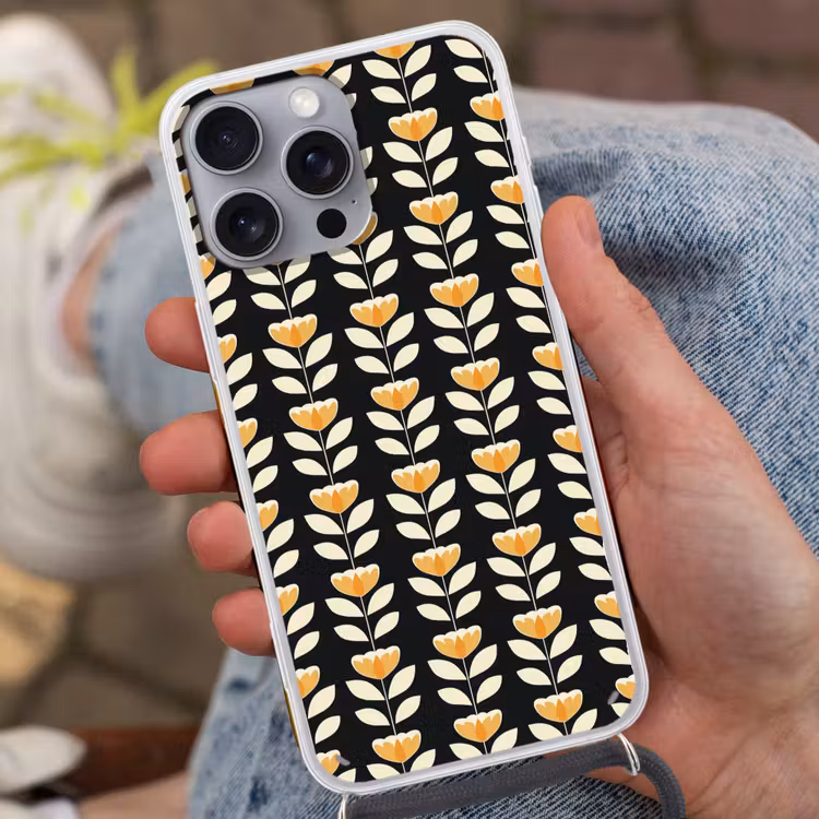 Retro - Bloem - Zwart - Okergeel Hoesje iPhone 16 Pro Max met koord klein 804 -sfeer3