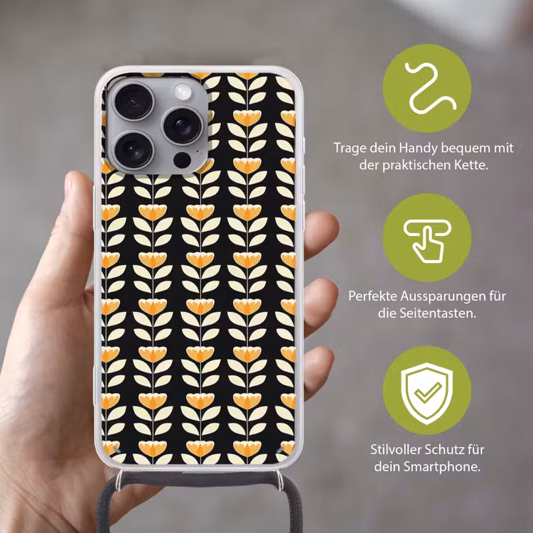 Retro - Bloem - Zwart - Okergeel Hoesje iPhone 16 Pro Max met koord klein 804 -sfeer2_DE