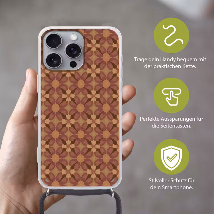 Retro - Bloemen - Bruin Hoesje iPhone 16 Pro Max met koord klein 804 -sfeer2_DE