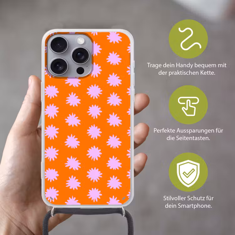 Retro - Bloemen - Oranje Hoesje iPhone 16 Pro Max met koord klein 804 -sfeer2_DE