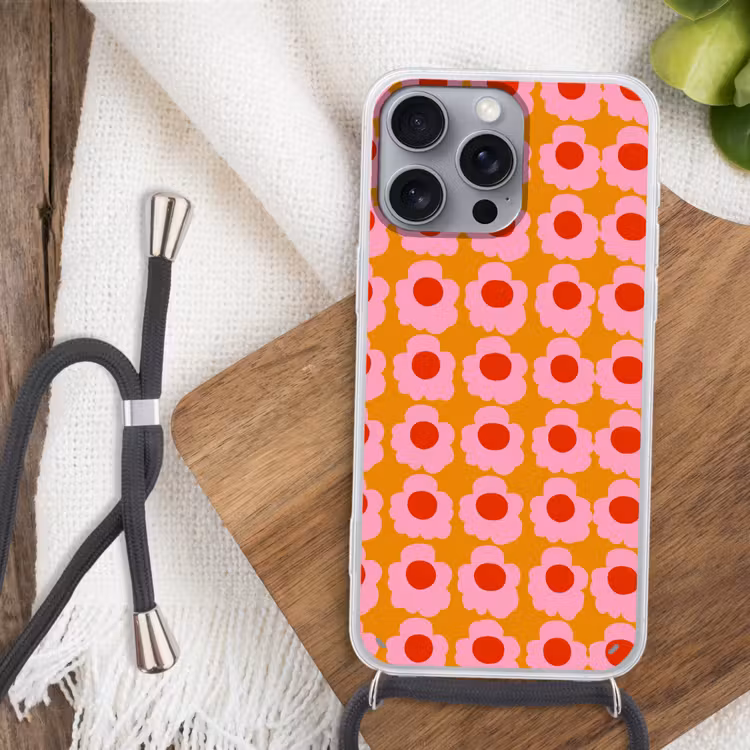 Retro - Bloemen - Roze Hoesje iPhone 16 Pro Max met koord klein 804 -sfeer4