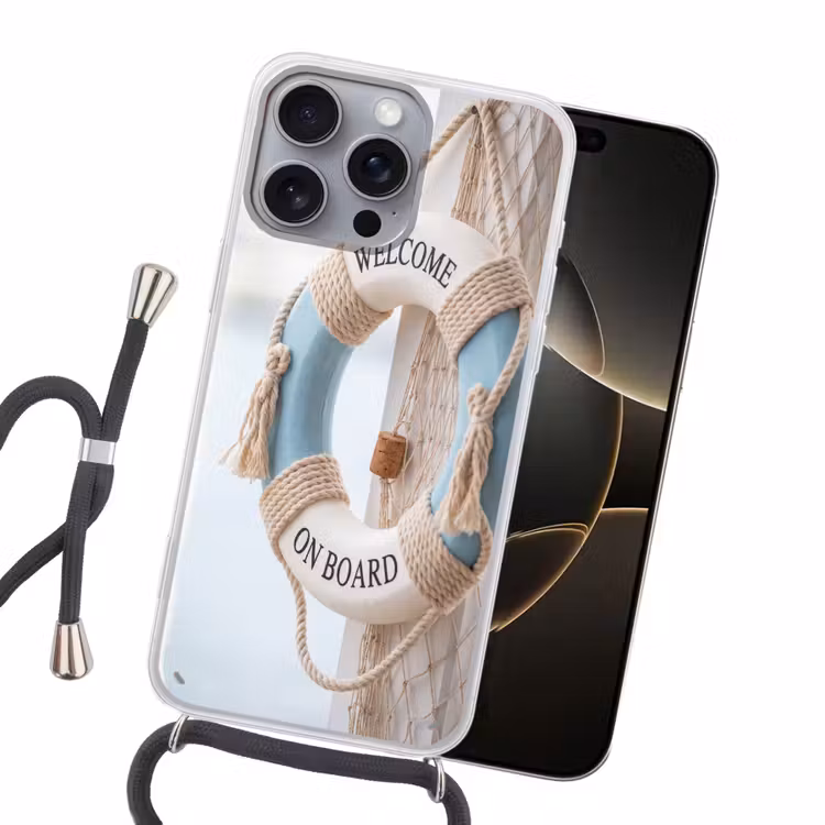 Reddingsboei - Maritiem - Welkom - Blauw - Wit Hoesje iPhone 16 Pro Max met koord klein -sfeer1