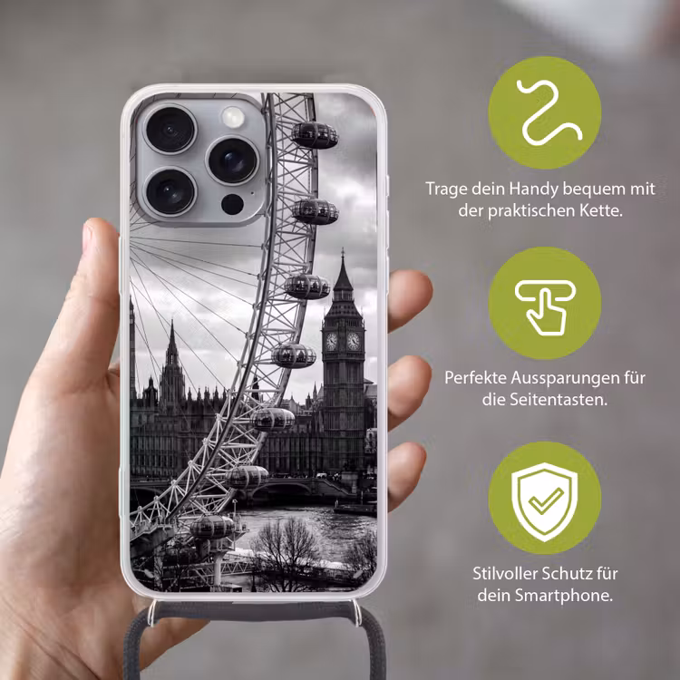 Reuzenrad - Klokkentoren - Architectuur - Zwart-wit - Stad Hoesje iPhone 16 Pro Max met koord klein -sfeer2_DE