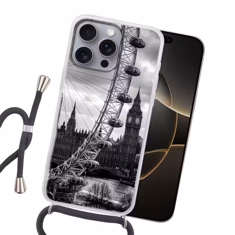 Reuzenrad - Klokkentoren - Architectuur - Zwart-wit - Stad Hoesje iPhone 16 Pro Max met koord klein -sfeer1