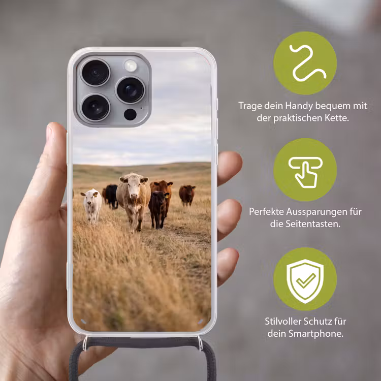 Runderen - Kudde - Landschap - Weide - Rustig Hoesje iPhone 16 Pro Max met koord klein -sfeer2_DE