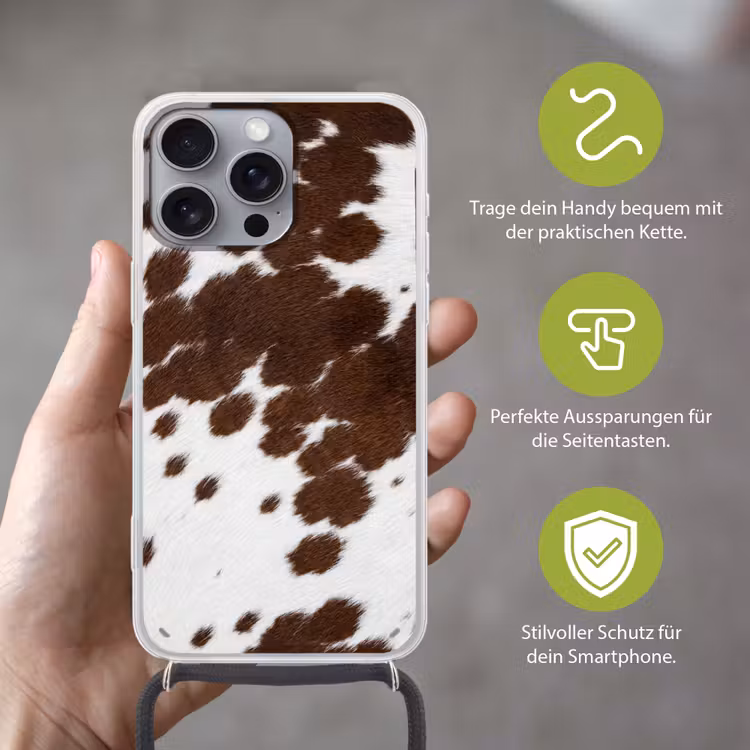 Koeienhuid - Klassiek - Bruin Hoesje iPhone 16 Pro Max met koord klein -sfeer2_DE