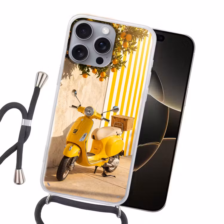 Scooter - Natuur - Zomer - Geel - Mediterraan Hoesje iPhone 16 Pro Max met koord klein -sfeer1
