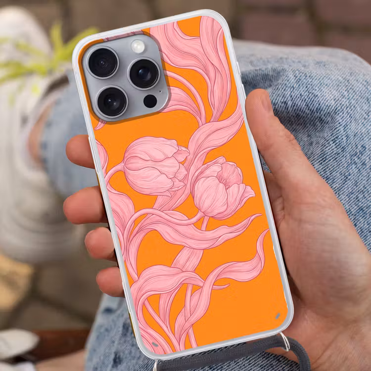 Handyhülle mit Band - Rosa Blumen – Modern - Roze bloemen - Modern Hoesje iPhone 16 Pro Max met koord klein