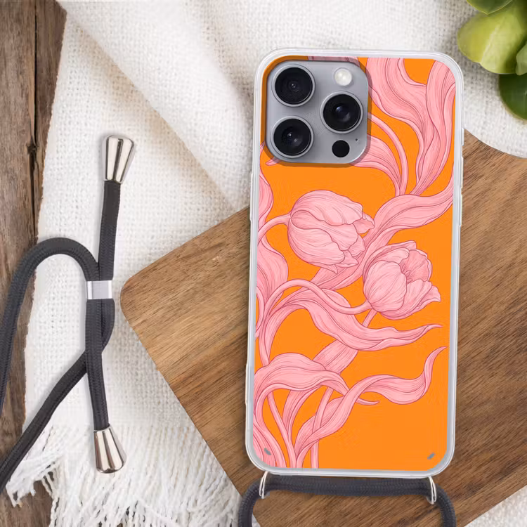 Handyhülle mit Band - Rosa Blumen – Modern - Roze bloemen - Modern Hoesje iPhone 16 Pro Max met koord klein