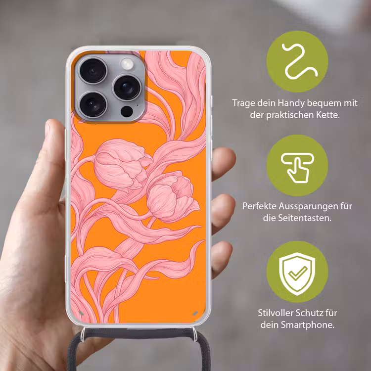 Handyhülle mit Band - Rosa Blumen – Modern - Roze bloemen - Modern Hoesje iPhone 16 Pro Max met koord klein
