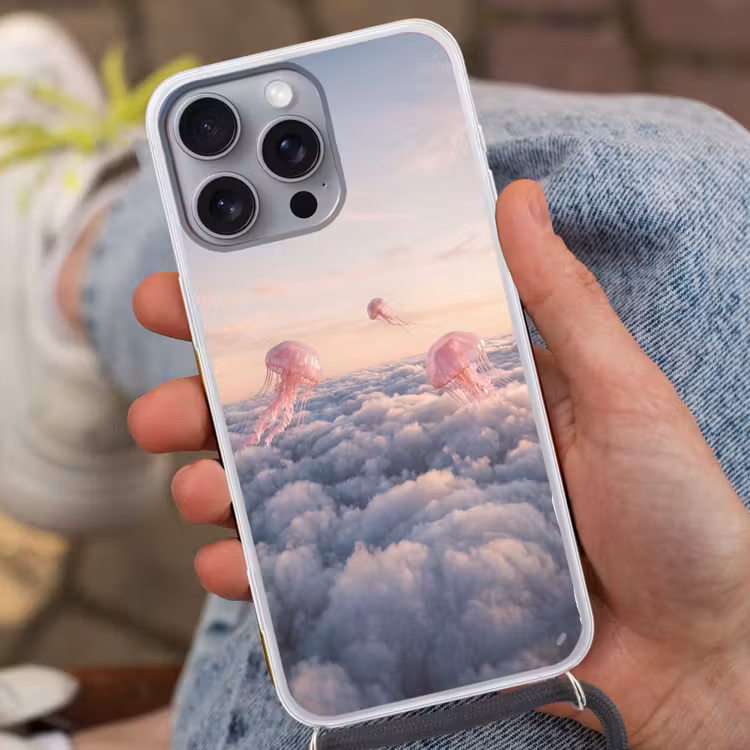 Handyhülle mit Band - Rosa Tier – Wolken - Roze dier - Wolken Hoesje iPhone 16 Pro Max met koord klein