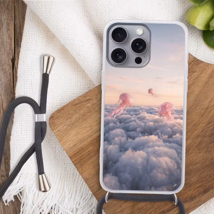 Handyhülle mit Band - Rosa Tier – Wolken - Roze dier - Wolken Hoesje iPhone 16 Pro Max met koord klein