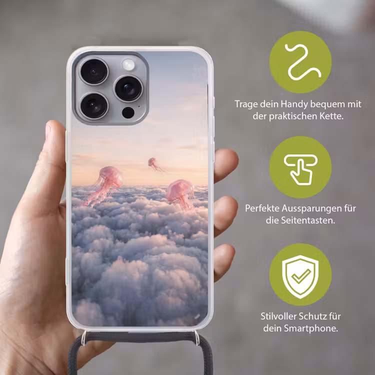 Handyhülle mit Band - Rosa Tier – Wolken - Roze dier - Wolken Hoesje iPhone 16 Pro Max met koord klein