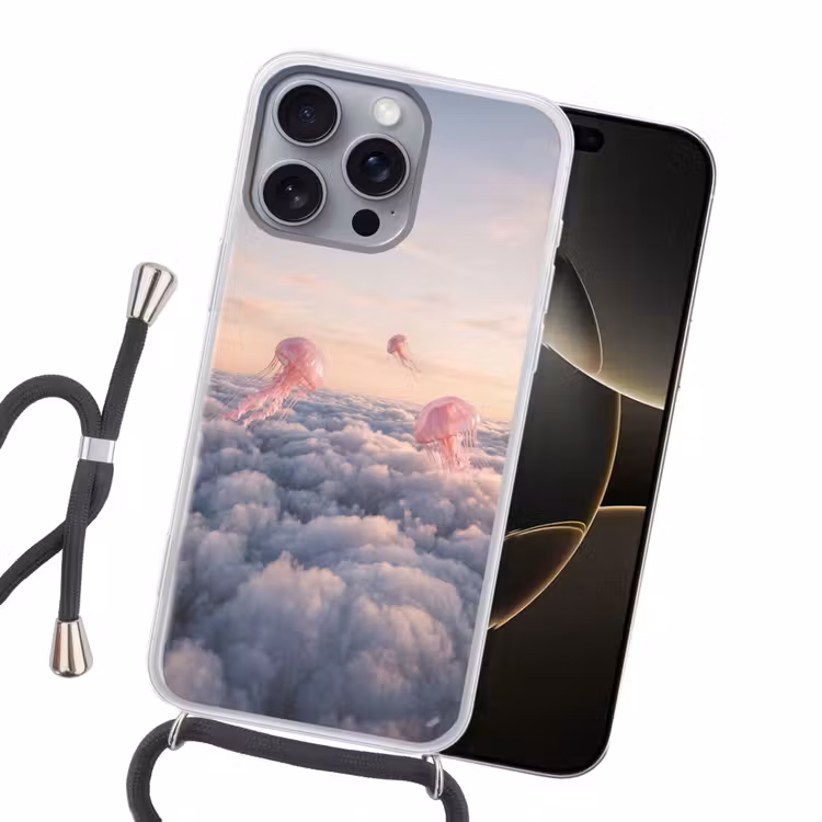 Handyhülle mit Band - Rosa Tier – Wolken - Roze dier - Wolken Hoesje iPhone 16 Pro Max met koord klein