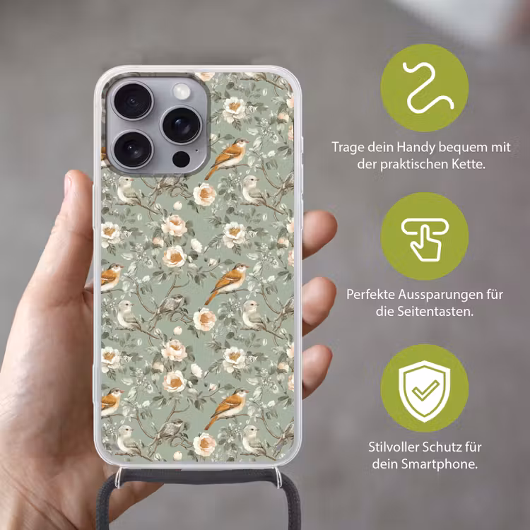 Roze - Vogels - Kleurrijk Hoesje iPhone 16 Pro Max met koord klein 804 -sfeer2_DE