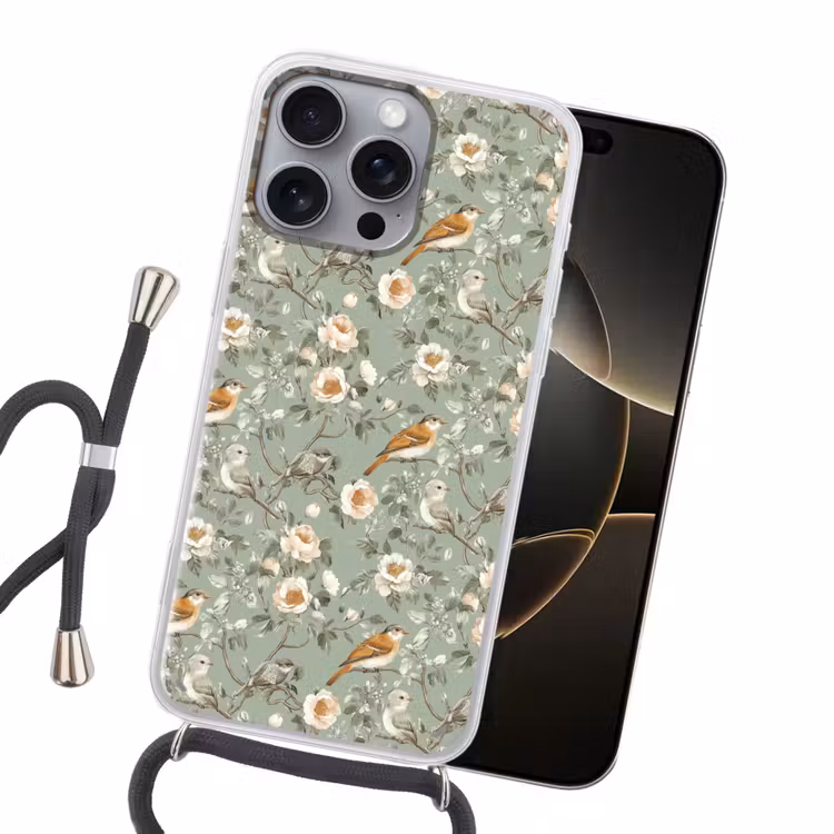 Roze - Vogels - Kleurrijk Hoesje iPhone 16 Pro Max met koord klein 804 -sfeer1