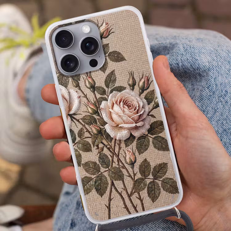 Roos - Mozaïek - Bloemen - Klassiek - Beige Hoesje iPhone 16 Pro Max met koord klein -sfeer3