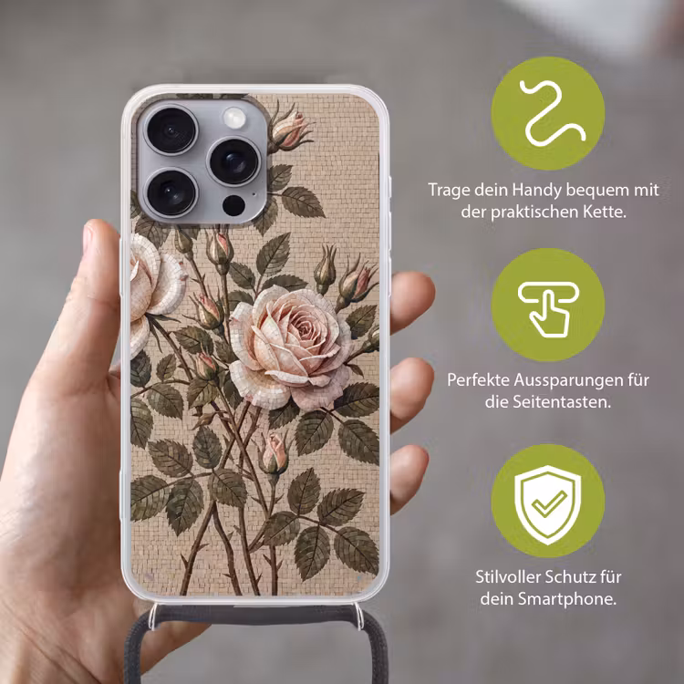 Roos - Mozaïek - Bloemen - Klassiek - Beige Hoesje iPhone 16 Pro Max met koord klein -sfeer2_DE