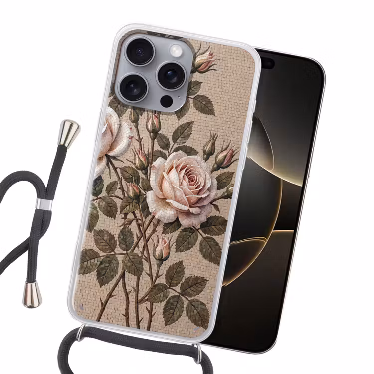 Roos - Mozaïek - Bloemen - Klassiek - Beige Hoesje iPhone 16 Pro Max met koord klein -sfeer1