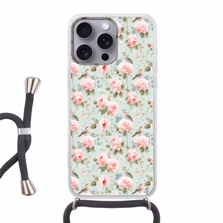 Rozen - Vogels - Pastel - Kleurrijk Hoesje iPhone 16 Pro Max met koord klein 804 -3d