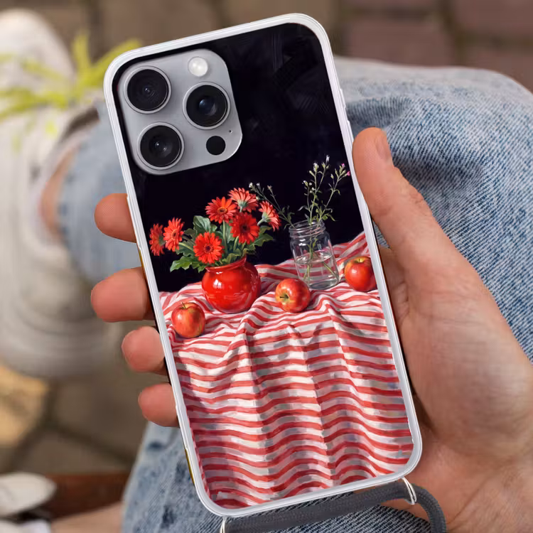 Handyhülle mit Band - Rote Blumen – Vase - Rode bloemen - Vaas Hoesje iPhone 16 Pro Max met koord klein