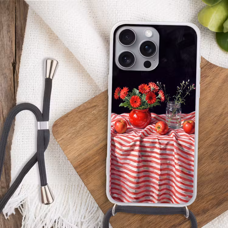 Handyhülle mit Band - Rote Blumen – Vase - Rode bloemen - Vaas Hoesje iPhone 16 Pro Max met koord klein