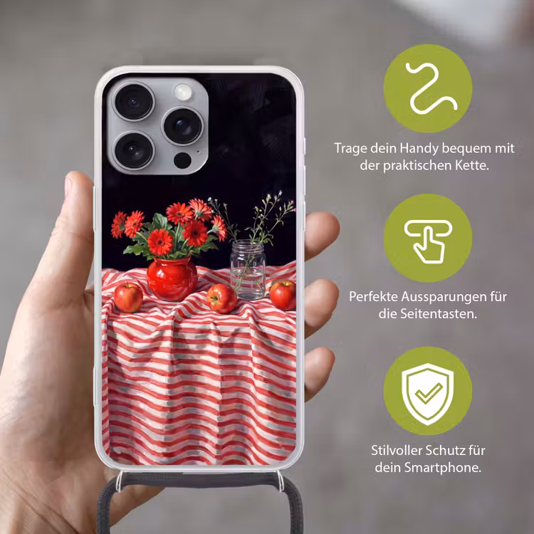 Handyhülle mit Band - Rote Blumen – Vase - Rode bloemen - Vaas Hoesje iPhone 16 Pro Max met koord klein