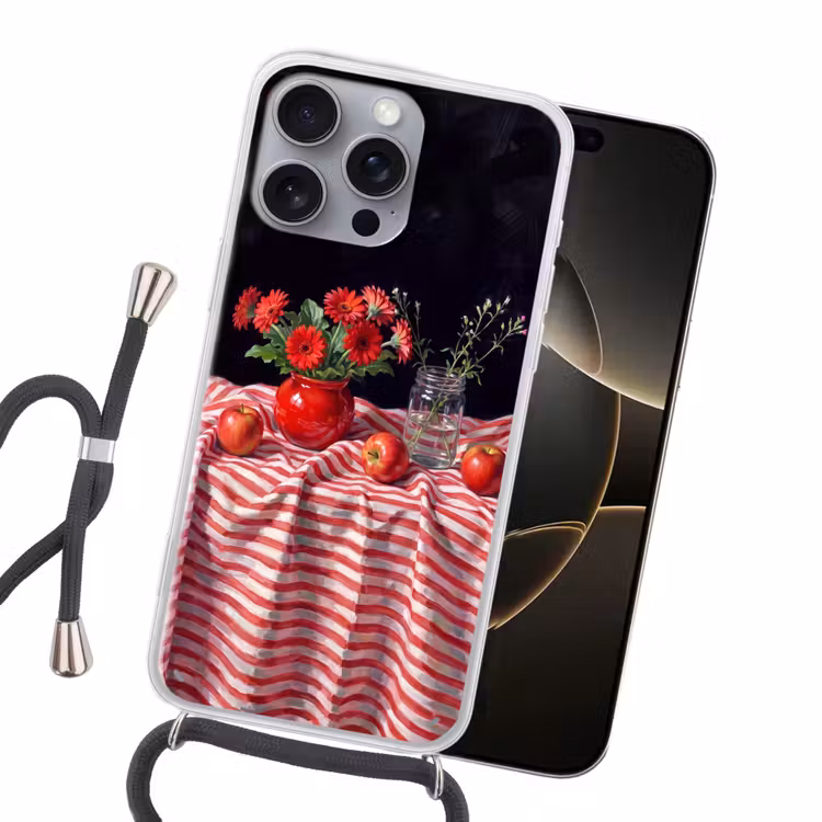Handyhülle mit Band - Rote Blumen – Vase - Rode bloemen - Vaas Hoesje iPhone 16 Pro Max met koord klein