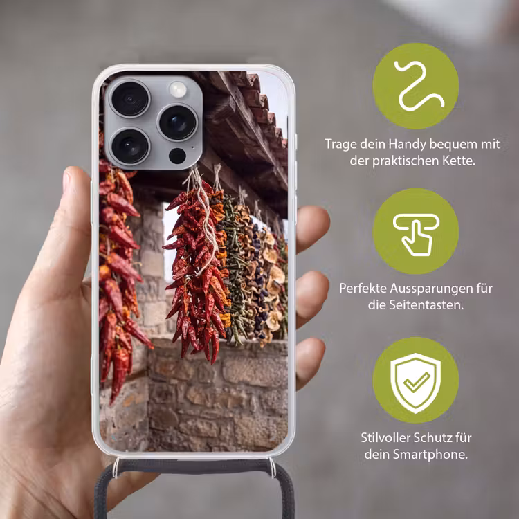 Handyhülle mit Band - Rote Chilischoten – Essen - Rode pepers - Eten Hoesje iPhone 16 Pro Max met koord klein