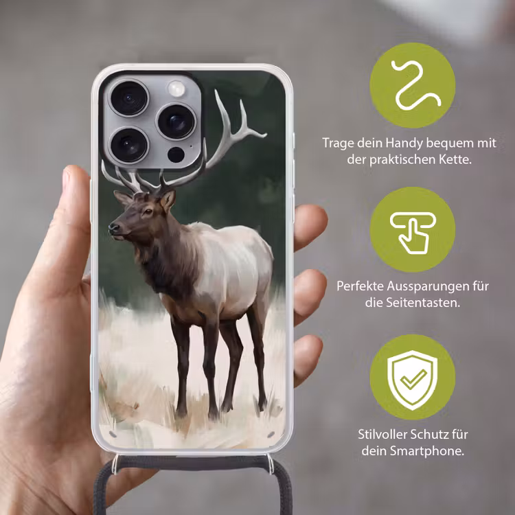 Edelhert - Gewei - Schildering - Rustiek Hoesje iPhone 16 Pro Max met koord klein -sfeer2_DE