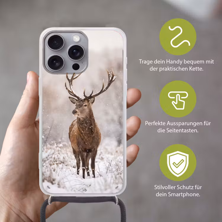 Edelhert - Bos - Sneeuw - Winter - Majestueus Hoesje iPhone 16 Pro Max met koord klein -sfeer2_DE