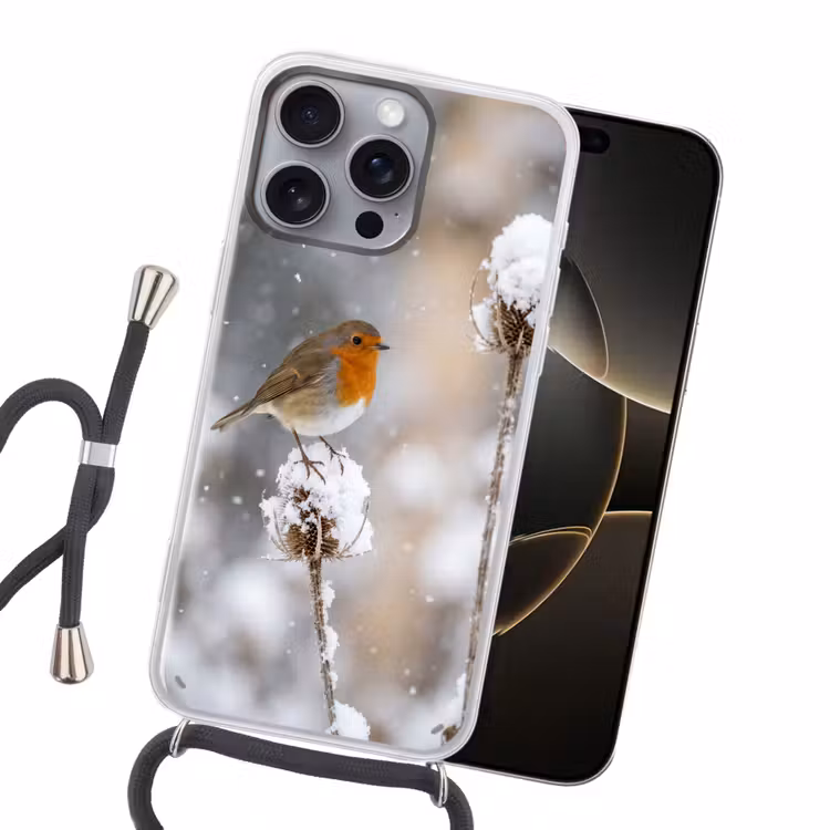 Roodborstje - Gedroogde bloem - Sneeuw - Winter - Vertederend Hoesje iPhone 16 Pro Max met koord klein -sfeer1